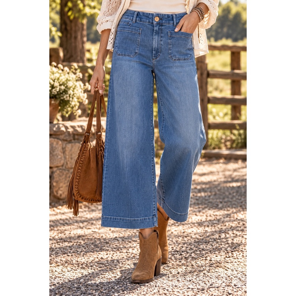 Maeve Anthropologie The Colette Cropped Wide Leg Jeans Blue 32P High Rise Patch